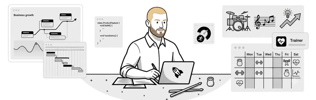 Illustration of Darren Beattie at a desk with a laptop, notebook, kettlebell, and drumsticks, surrounded by windows for coding, business growth, music, and training
